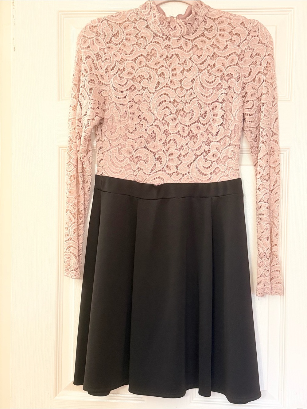 B. Darlin Lace Bodice Long Sleeve Fit & Flare Dress in Blush and Black